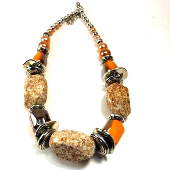 Silver tone Discs, Faux Stone & Pearl Colorful Beaded Necklace, Fashion Jewelry - Picture 1 of 14